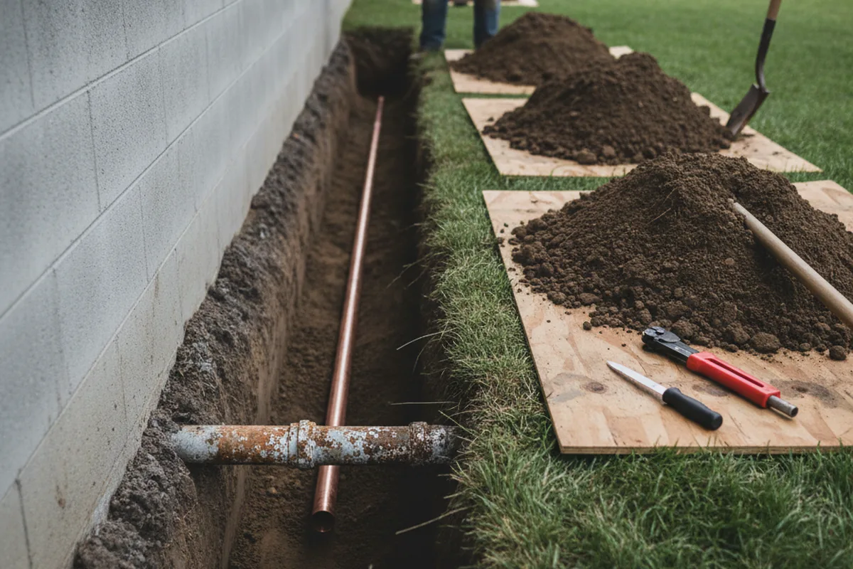 Excavated water line trench during Sewer Line Repair in Kutztown